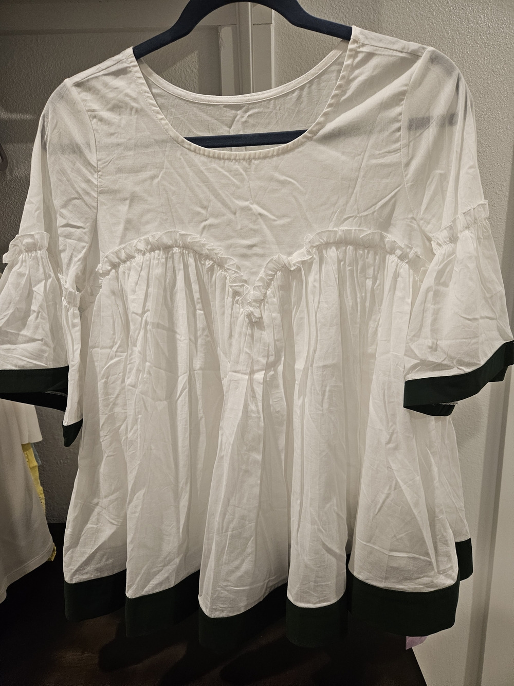 Cotton Babydoll Top with Contrast Trim - White And Emerald Green